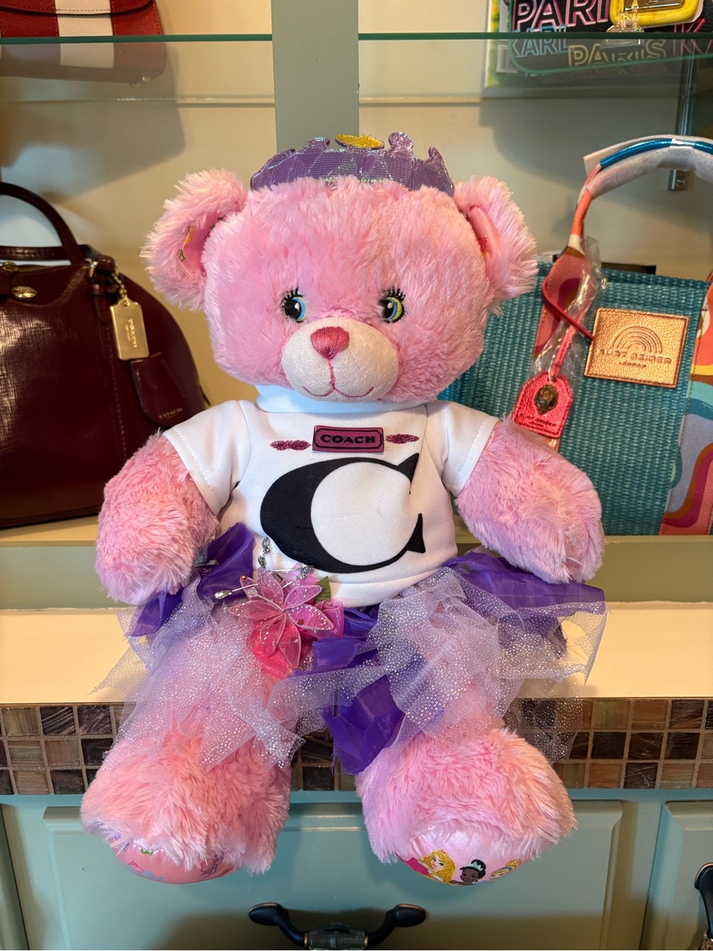 Build-A-Bear Pink Plush Bear with White Tee, Purple Tulle Skirt and Crown